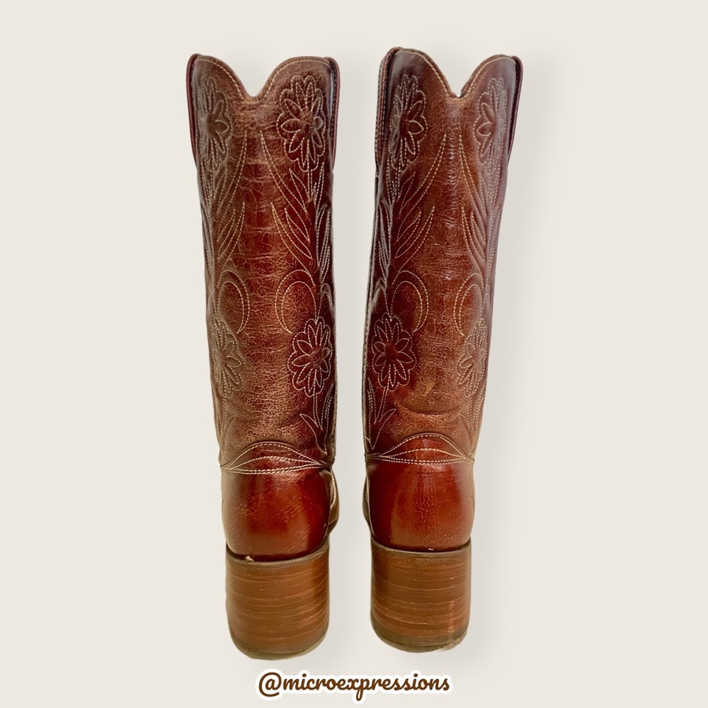RARE 1960s Frye Vintage Embroider Brown Campus Western Cowboy Floral Stitch Boot - Picture 8 of 15